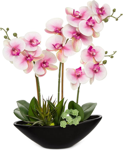 Orchid Artificial Flowers 18in White Fake Orchid Silk Flowers with Ceramic Pot Faux Orchid Arrangement for Home Office Room Coffee Table Centerpiece Modern Decoration