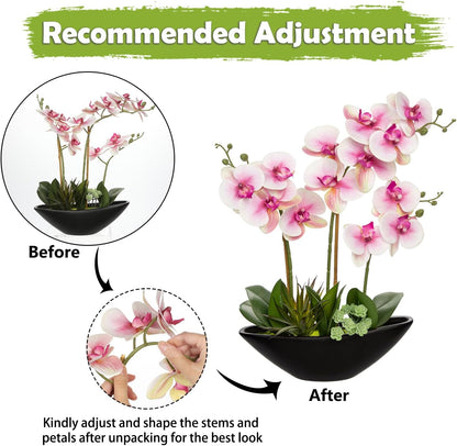Orchid Artificial Flowers 18in White Fake Orchid Silk Flowers with Ceramic Pot Faux Orchid Arrangement for Home Office Room Coffee Table Centerpiece Modern Decoration
