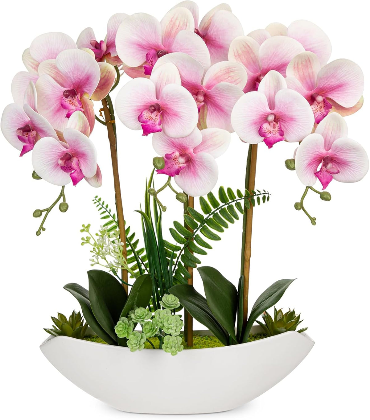 Orchid Artificial Flowers 18in White Fake Orchid Silk Flowers with Ceramic Pot Faux Orchid Arrangement for Home Office Room Coffee Table Centerpiece Modern Decoration