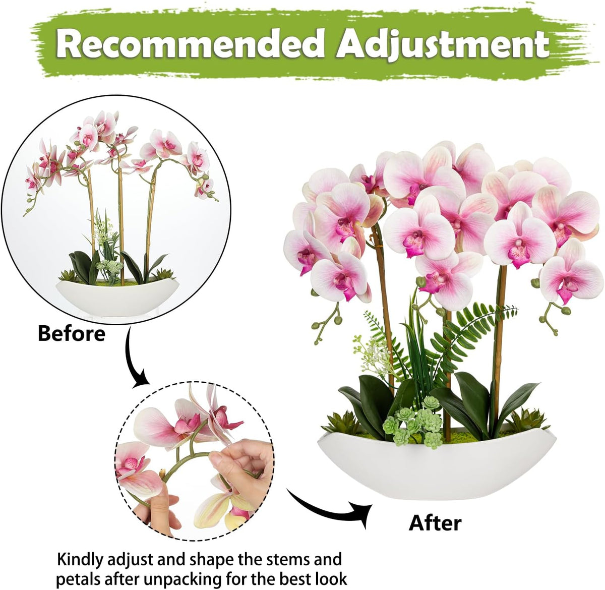 Orchid Artificial Flowers 18in White Fake Orchid Silk Flowers with Ceramic Pot Faux Orchid Arrangement for Home Office Room Coffee Table Centerpiece Modern Decoration