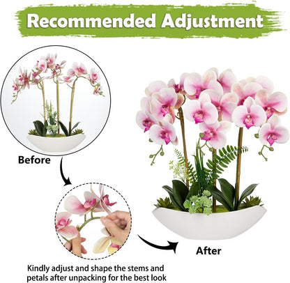 Orchid Artificial Flowers 18in White Fake Orchid Silk Flowers with Ceramic Pot Faux Orchid Arrangement for Home Office Room Coffee Table Centerpiece Modern Decoration