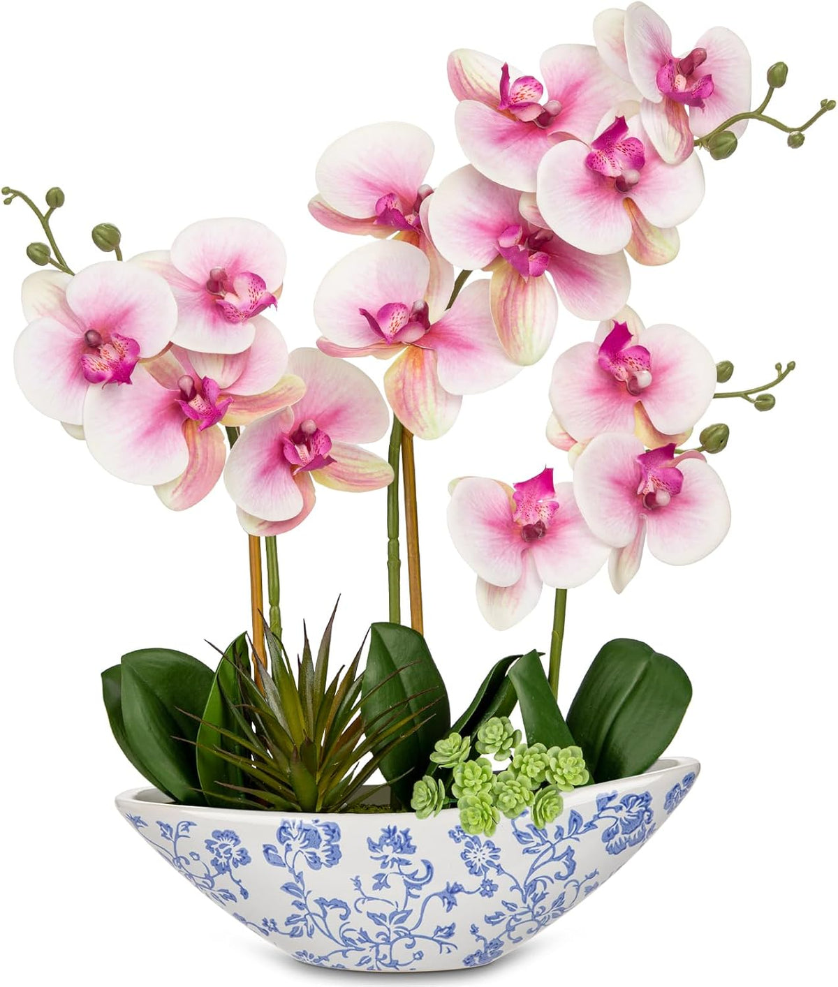 Orchid Artificial Flowers 18in White Fake Orchid Silk Flowers with Ceramic Pot Faux Orchid Arrangement for Home Office Room Coffee Table Centerpiece Modern Decoration