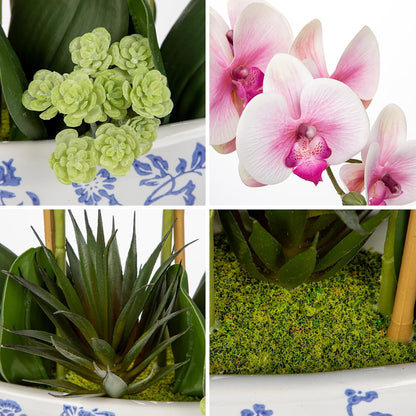 Orchid Artificial Flowers 18in White Fake Orchid Silk Flowers with Ceramic Pot Faux Orchid Arrangement for Home Office Room Coffee Table Centerpiece Modern Decoration