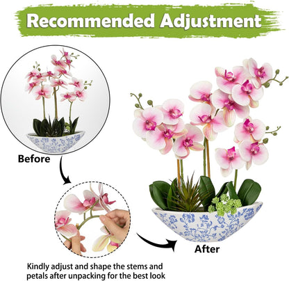 Orchid Artificial Flowers 18in White Fake Orchid Silk Flowers with Ceramic Pot Faux Orchid Arrangement for Home Office Room Coffee Table Centerpiece Modern Decoration