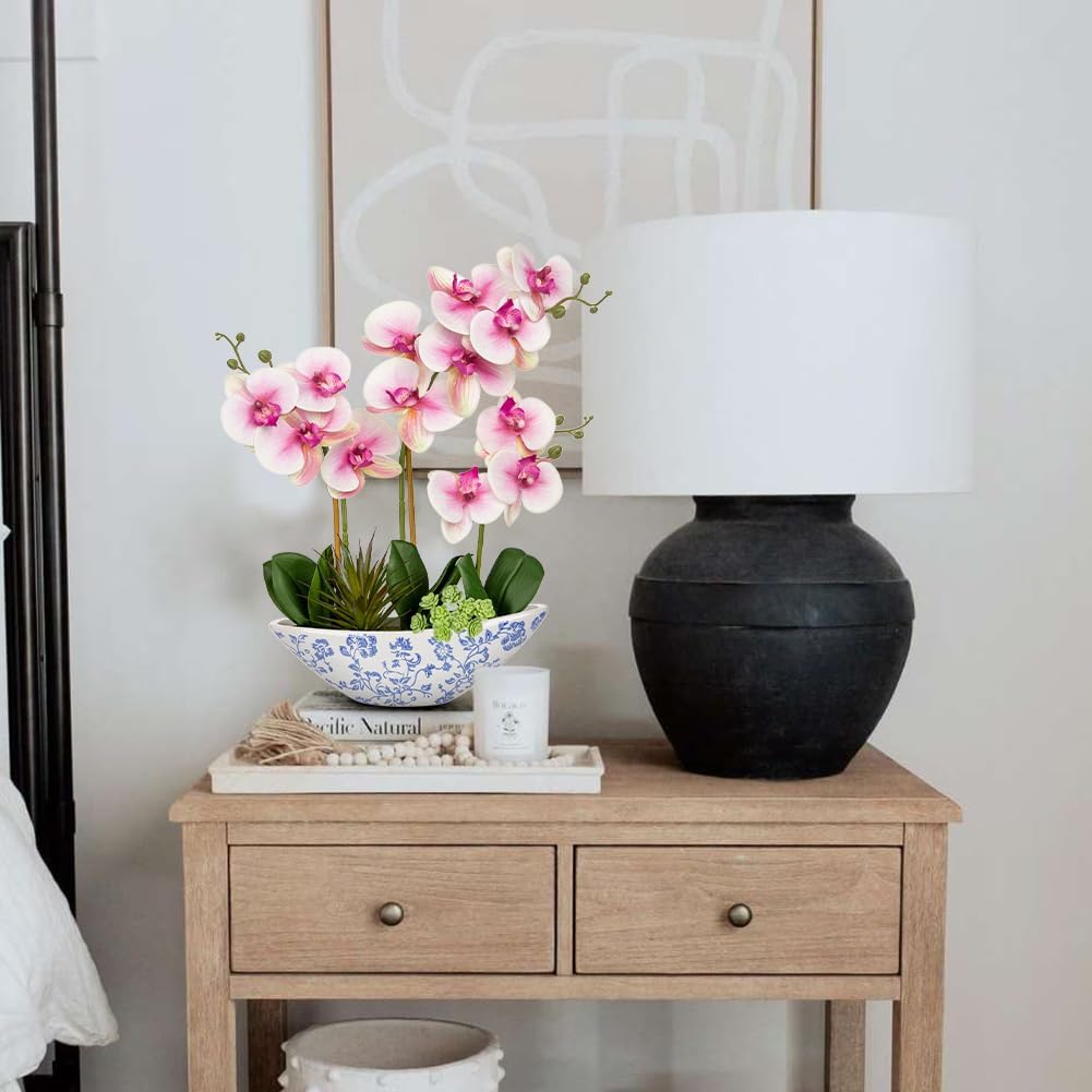 Orchid Artificial Flowers 18in White Fake Orchid Silk Flowers with Ceramic Pot Faux Orchid Arrangement for Home Office Room Coffee Table Centerpiece Modern Decoration
