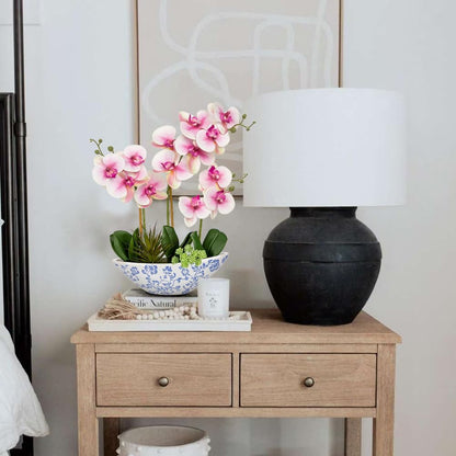 Orchid Artificial Flowers 18in White Fake Orchid Silk Flowers with Ceramic Pot Faux Orchid Arrangement for Home Office Room Coffee Table Centerpiece Modern Decoration