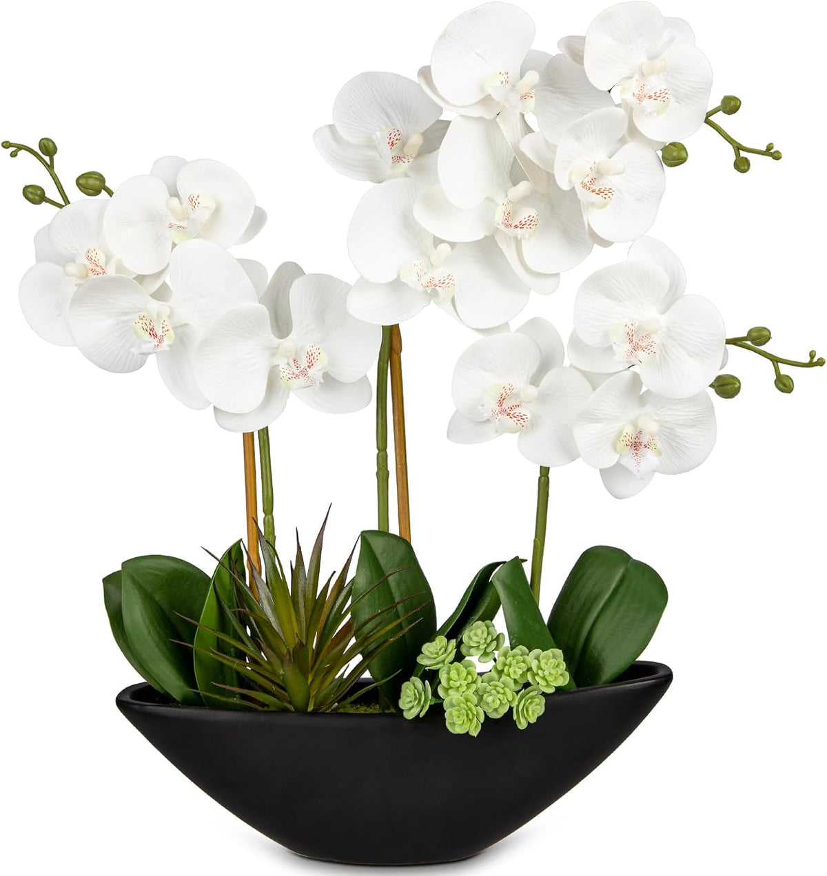 Orchid Artificial Flowers 18in White Fake Orchid Silk Flowers with Ceramic Pot Faux Orchid Arrangement for Home Office Room Coffee Table Centerpiece Modern Decoration
