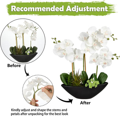 Orchid Artificial Flowers 18in White Fake Orchid Silk Flowers with Ceramic Pot Faux Orchid Arrangement for Home Office Room Coffee Table Centerpiece Modern Decoration