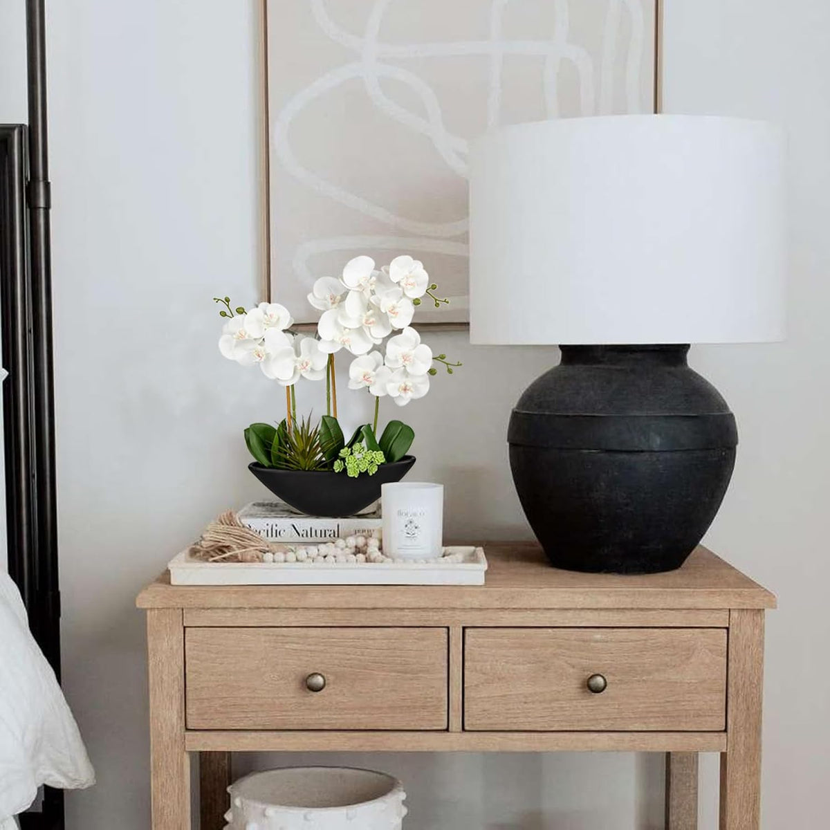 Orchid Artificial Flowers 18in White Fake Orchid Silk Flowers with Ceramic Pot Faux Orchid Arrangement for Home Office Room Coffee Table Centerpiece Modern Decoration
