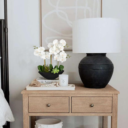 Orchid Artificial Flowers 18in White Fake Orchid Silk Flowers with Ceramic Pot Faux Orchid Arrangement for Home Office Room Coffee Table Centerpiece Modern Decoration