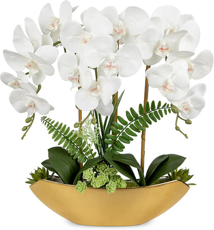 Orchid Artificial Flowers 18in White Fake Orchid Silk Flowers with Ceramic Pot Faux Orchid Arrangement for Home Office Room Coffee Table Centerpiece Modern Decoration