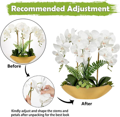 Orchid Artificial Flowers 18in White Fake Orchid Silk Flowers with Ceramic Pot Faux Orchid Arrangement for Home Office Room Coffee Table Centerpiece Modern Decoration