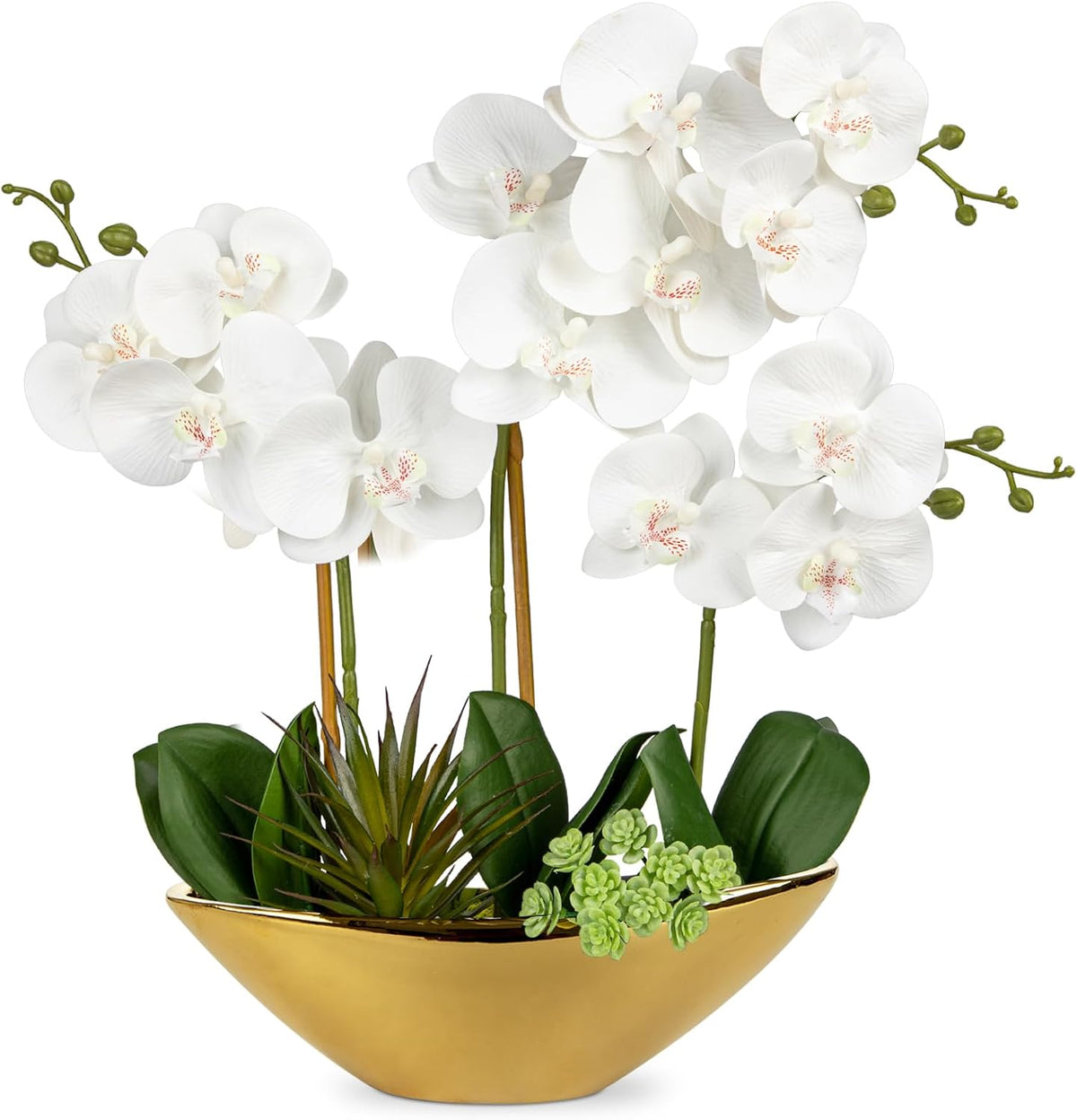 Orchid Artificial Flowers 18in White Fake Orchid Silk Flowers with Ceramic Pot Faux Orchid Arrangement for Home Office Room Coffee Table Centerpiece Modern Decoration