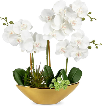 Orchid Artificial Flowers 18in White Fake Orchid Silk Flowers with Ceramic Pot Faux Orchid Arrangement for Home Office Room Coffee Table Centerpiece Modern Decoration
