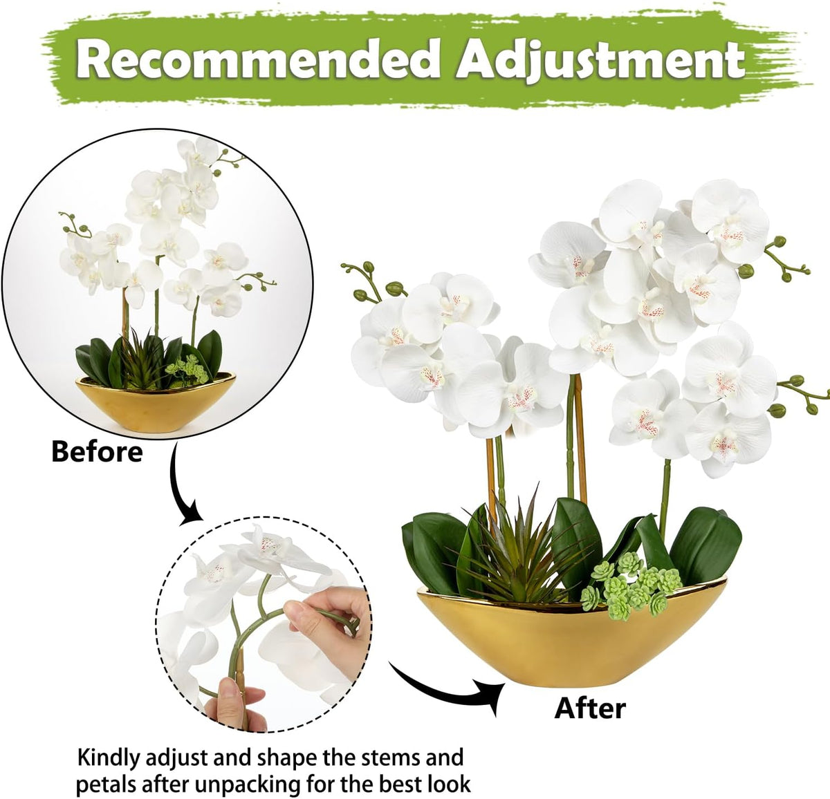Orchid Artificial Flowers 18in White Fake Orchid Silk Flowers with Ceramic Pot Faux Orchid Arrangement for Home Office Room Coffee Table Centerpiece Modern Decoration