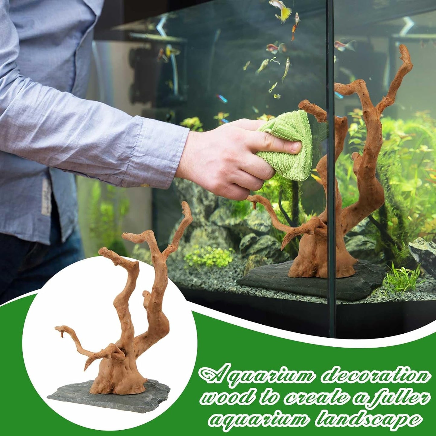 Large Driftwood for Aquarium, 8.5-11.5 Inch Spider Wood on Slate Stone, Natural Spiderwood Aquarium Driftwood Aquascaping Wood for Reptile Enclosure, Terrarium, Reptile Tank, Fish Tank Decor