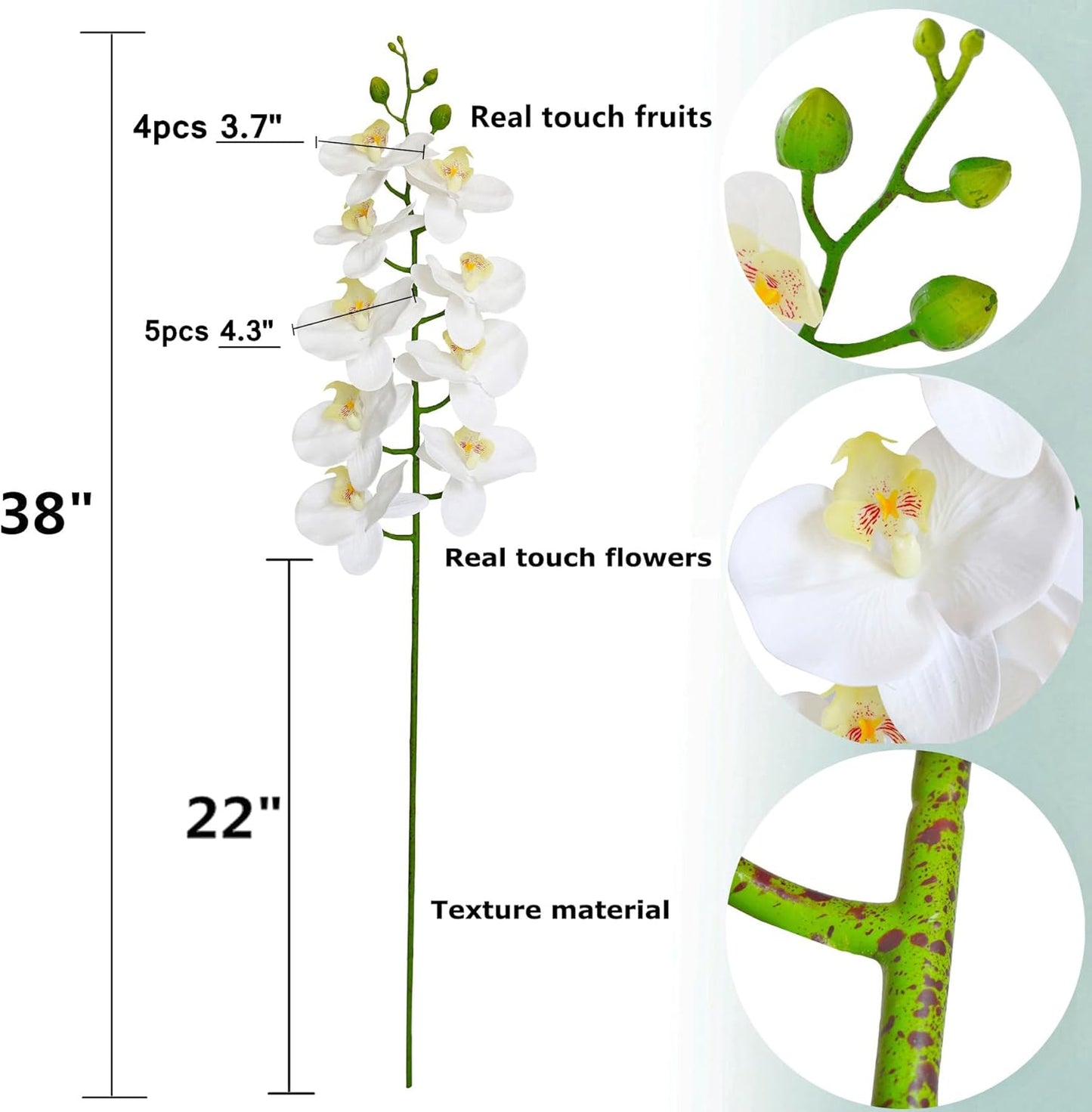 38 Inch Artificial Phalaenopsis Flowers Branches Real Touch (Not Silk) Orchids Flowers for Home Office Wedding Decoration,Pack of 2 (White)