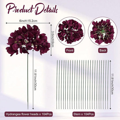 Red Hydrangea Artificial Flowers Silk Hydrangeas Bulk 104 PCS | Faux Hydrangea Flowers with Stems for Wedding Centerpieces FLoral Arrangement DIY Bouquets Home Baby Shower Party Decor