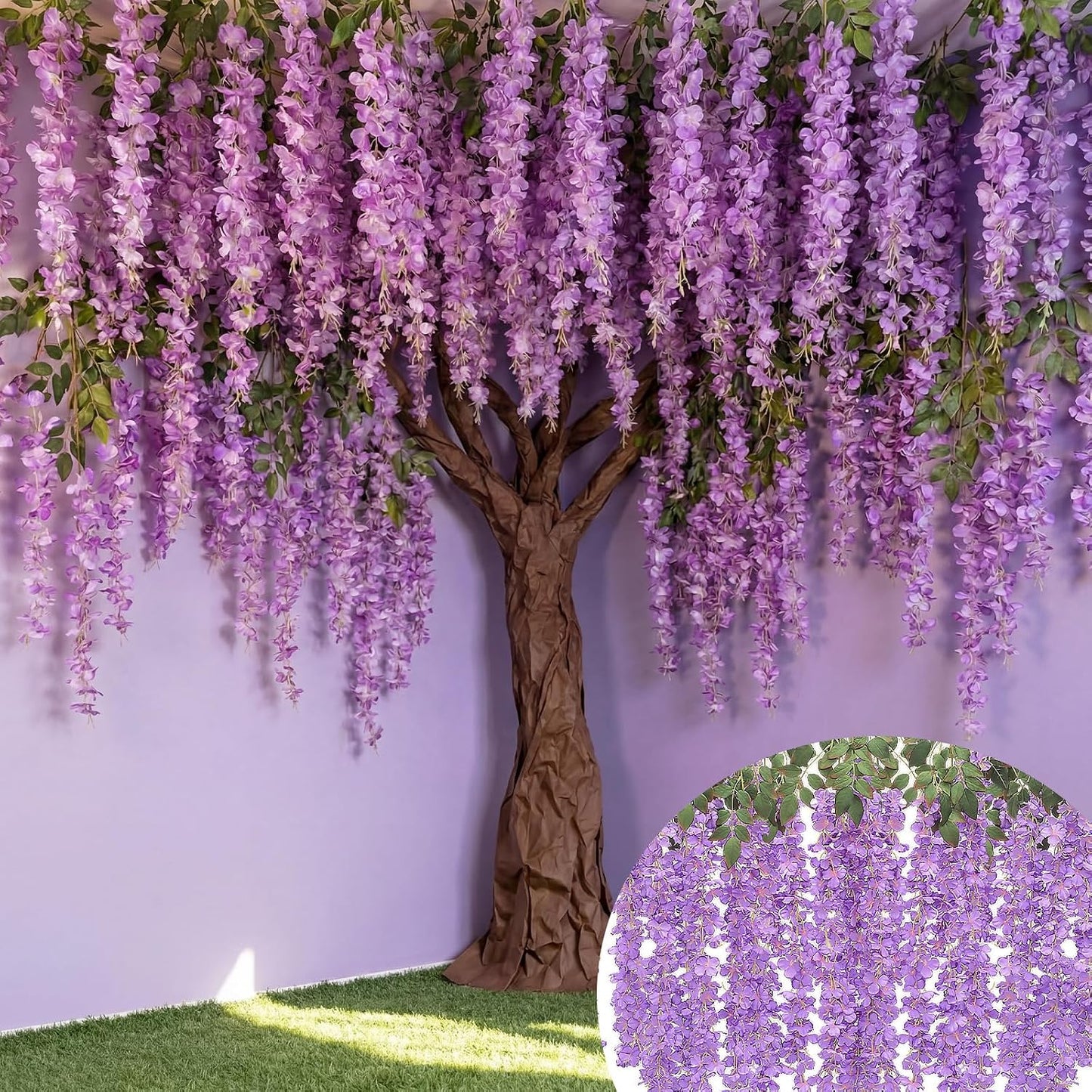 26 Pcs 3D Wisteria Tree for Classroom Room Ceiling Wall Decor Bulletin Board Large Wisteria Garland with 5 Metal Mesh Panel Artificial Fake Hanging Flower Wedding Backdrop(Purple)