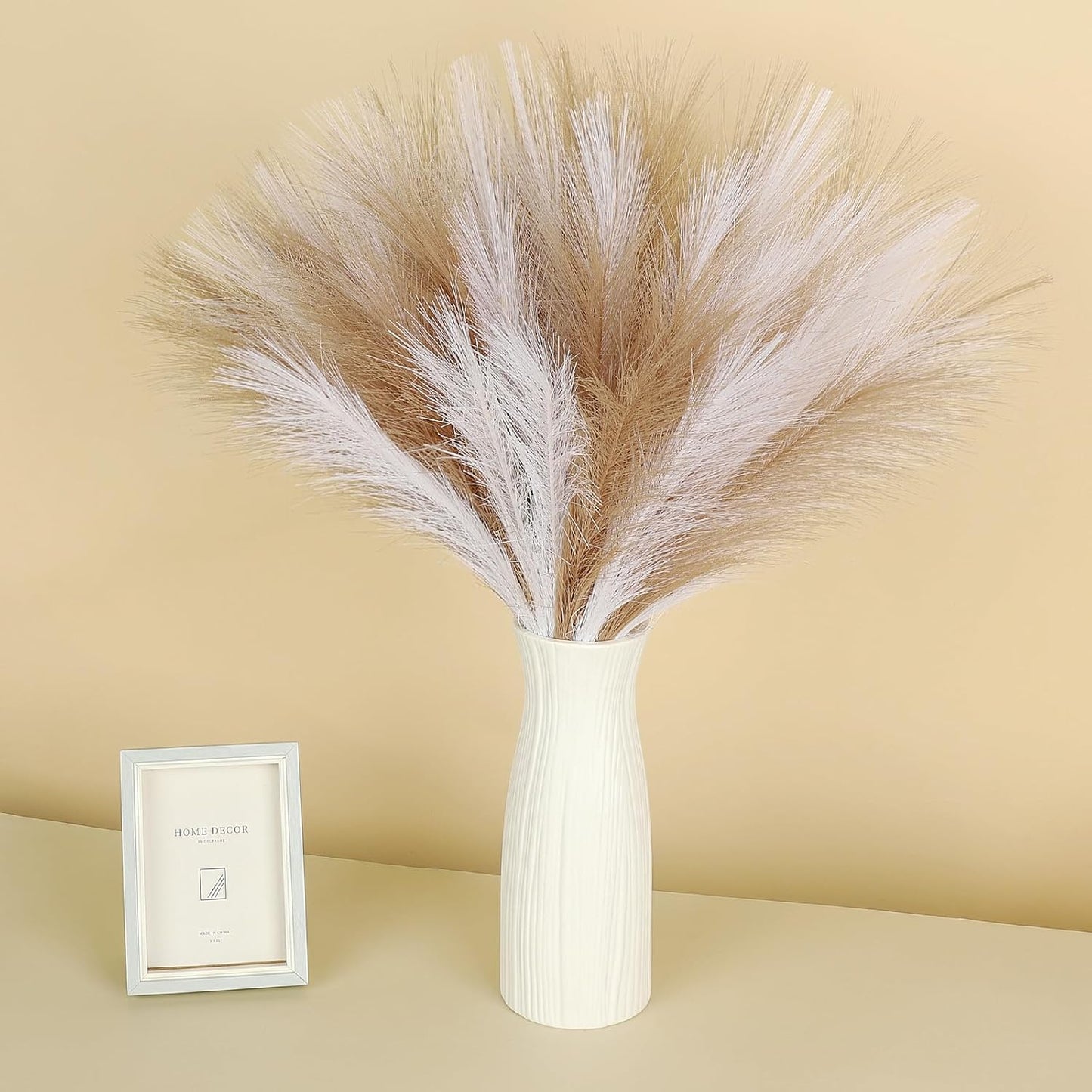 30 Pcs Pampas Grass Decor 21.7" Fluffy Faux Short Brown Pampas Grass Artificial Small Pompas Grass Flower Vase Filler for Home Wedding Living Room Wall Party Decoration