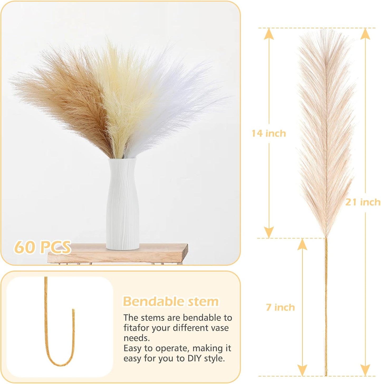 30 Pcs Pampas Grass Decor 21.7" Fluffy Faux Short Brown Pampas Grass Artificial Small Pompas Grass Flower Vase Filler for Home Wedding Living Room Wall Party Decoration