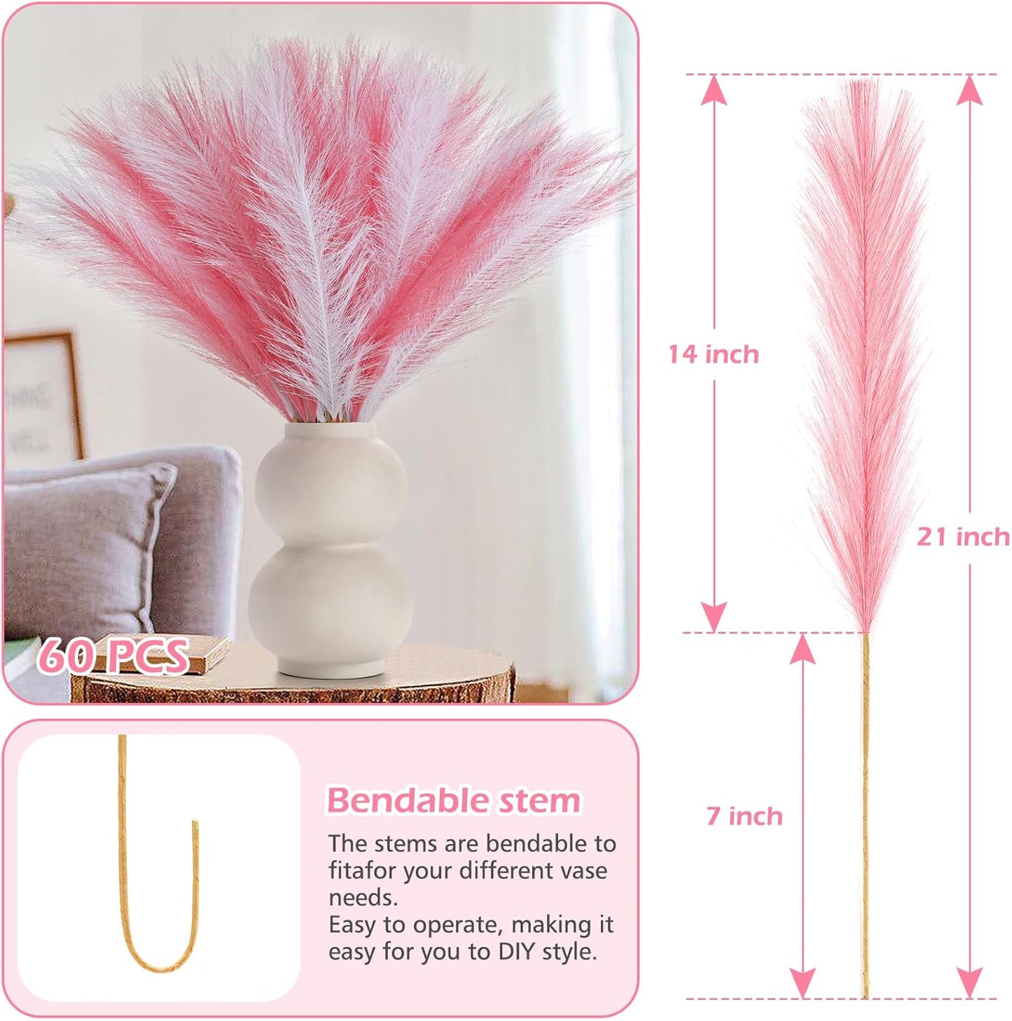 30 Pcs Pampas Grass Decor 21.7" Fluffy Faux Short Brown Pampas Grass Artificial Small Pompas Grass Flower Vase Filler for Home Wedding Living Room Wall Party Decoration