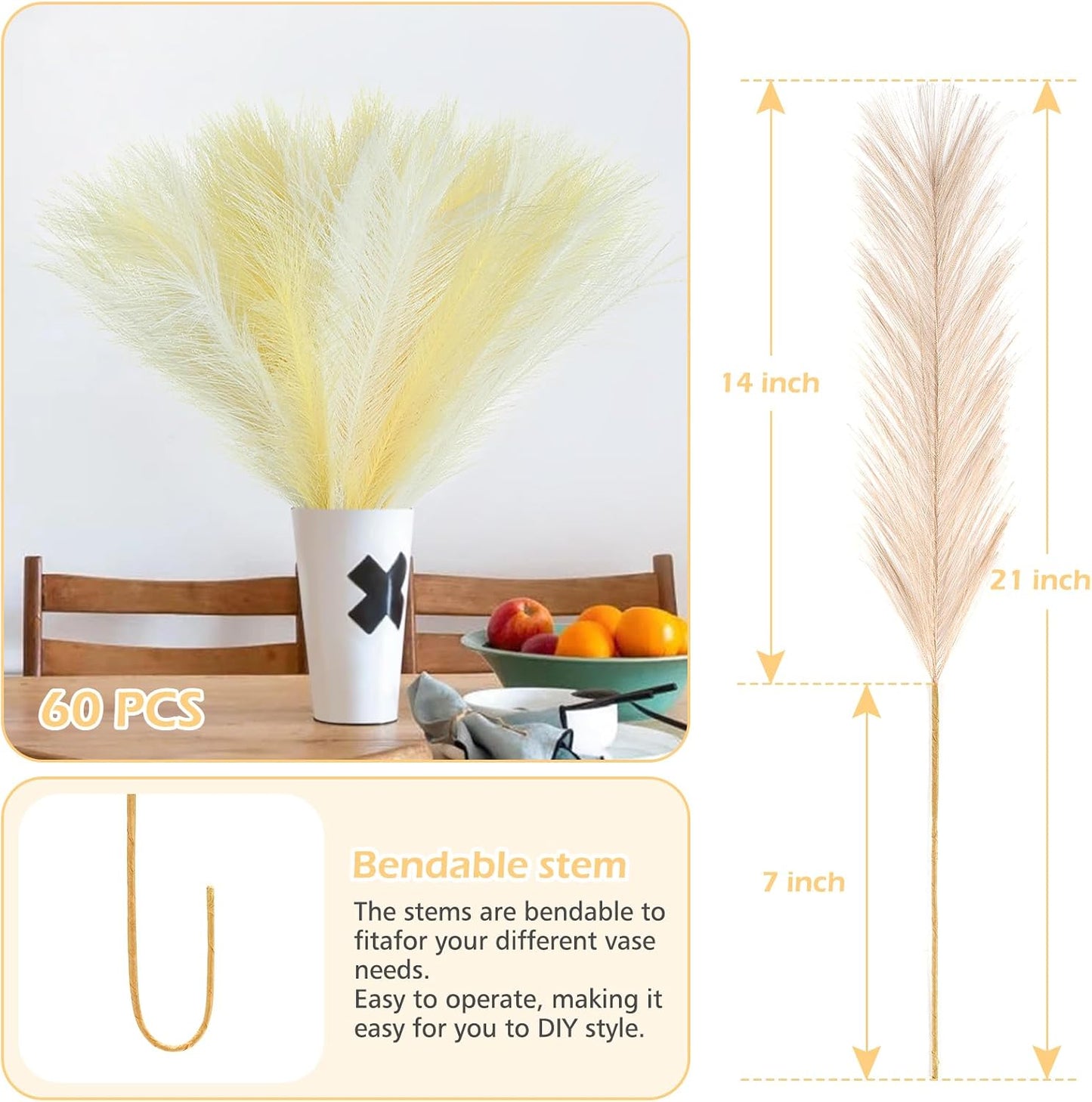 30 Pcs Pampas Grass Decor 21.7" Fluffy Faux Short Brown Pampas Grass Artificial Small Pompas Grass Flower Vase Filler for Home Wedding Living Room Wall Party Decoration