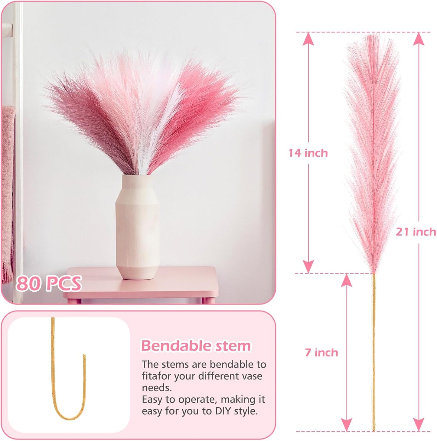 30 Pcs Pampas Grass Decor 21.7" Fluffy Faux Short Brown Pampas Grass Artificial Small Pompas Grass Flower Vase Filler for Home Wedding Living Room Wall Party Decoration