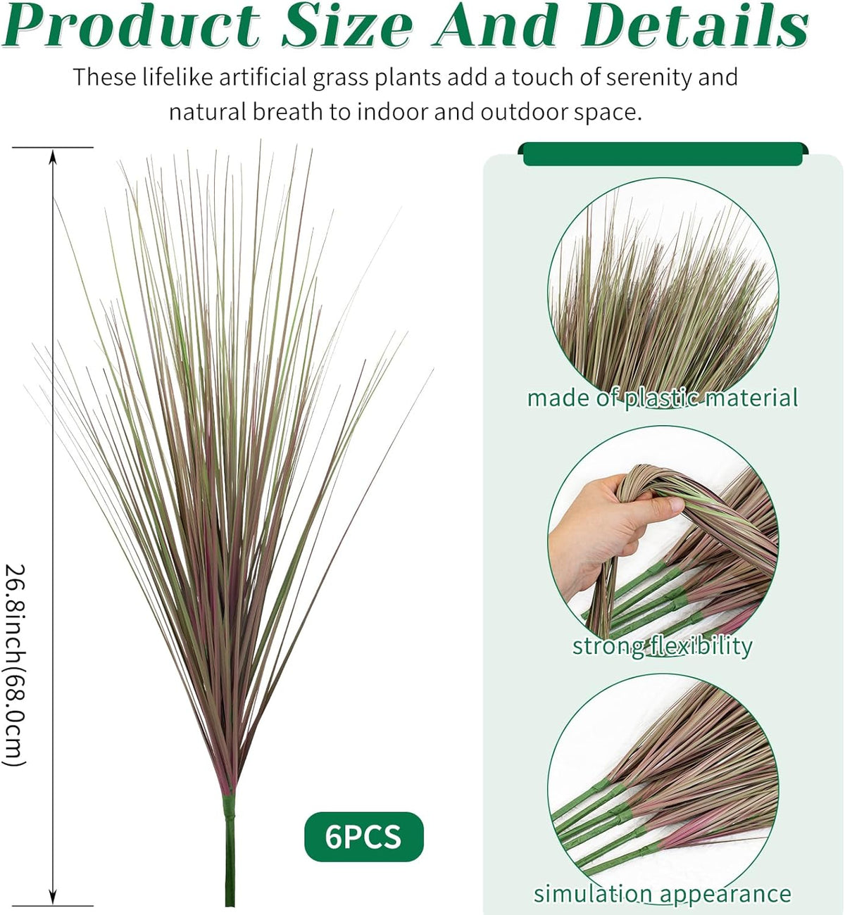 27" Artificial Plants Onion Grass | Tall Faux Greenery Shrubs - Fake Wheat Stems & Tall Grass Bushes for Indoor/Outdoor Home, Office, Garden, Porch & Window Box Decor 6 Pack - Green Red Tail