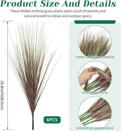 27" Artificial Plants Onion Grass | Tall Faux Greenery Shrubs - Fake Wheat Stems & Tall Grass Bushes for Indoor/Outdoor Home, Office, Garden, Porch & Window Box Decor 6 Pack - Green Red Tail