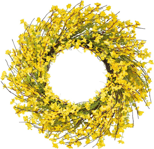 24 Inch Spring Wreath for Front Door, Artificial Yellow Forsythia Flower Grapevine Wreath for All Seasons - Farmhouse Indoor Outdoor Decor for Porch, Wall, Easter & Summer
