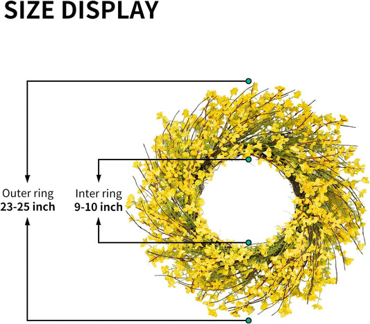 24 Inch Spring Wreath for Front Door, Artificial Yellow Forsythia Flower Grapevine Wreath for All Seasons - Farmhouse Indoor Outdoor Decor for Porch, Wall, Easter & Summer