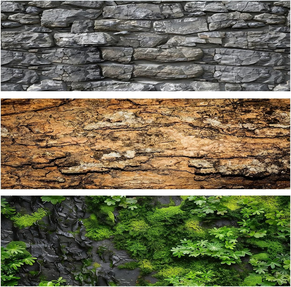 Reptile Terrarium Background 48"×24" 3PCS – Polyester Fabric Bearded Dragon Tank Decor with Gray Rock Bark & Forest Pattern, Non-Reflective & Bubble-Free for Snake Lizard Gecko Vivarium 834