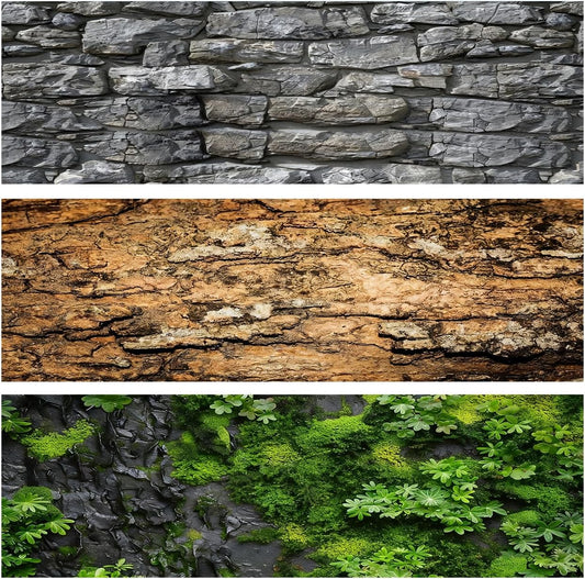 Reptile Terrarium Background 48"×24" 3PCS – Polyester Fabric Bearded Dragon Tank Decor with Gray Rock Bark & Forest Pattern, Non-Reflective & Bubble-Free for Snake Lizard Gecko Vivarium 834