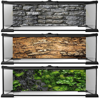 Reptile Terrarium Background 48"×24" 3PCS – Polyester Fabric Bearded Dragon Tank Decor with Gray Rock Bark & Forest Pattern, Non-Reflective & Bubble-Free for Snake Lizard Gecko Vivarium 834