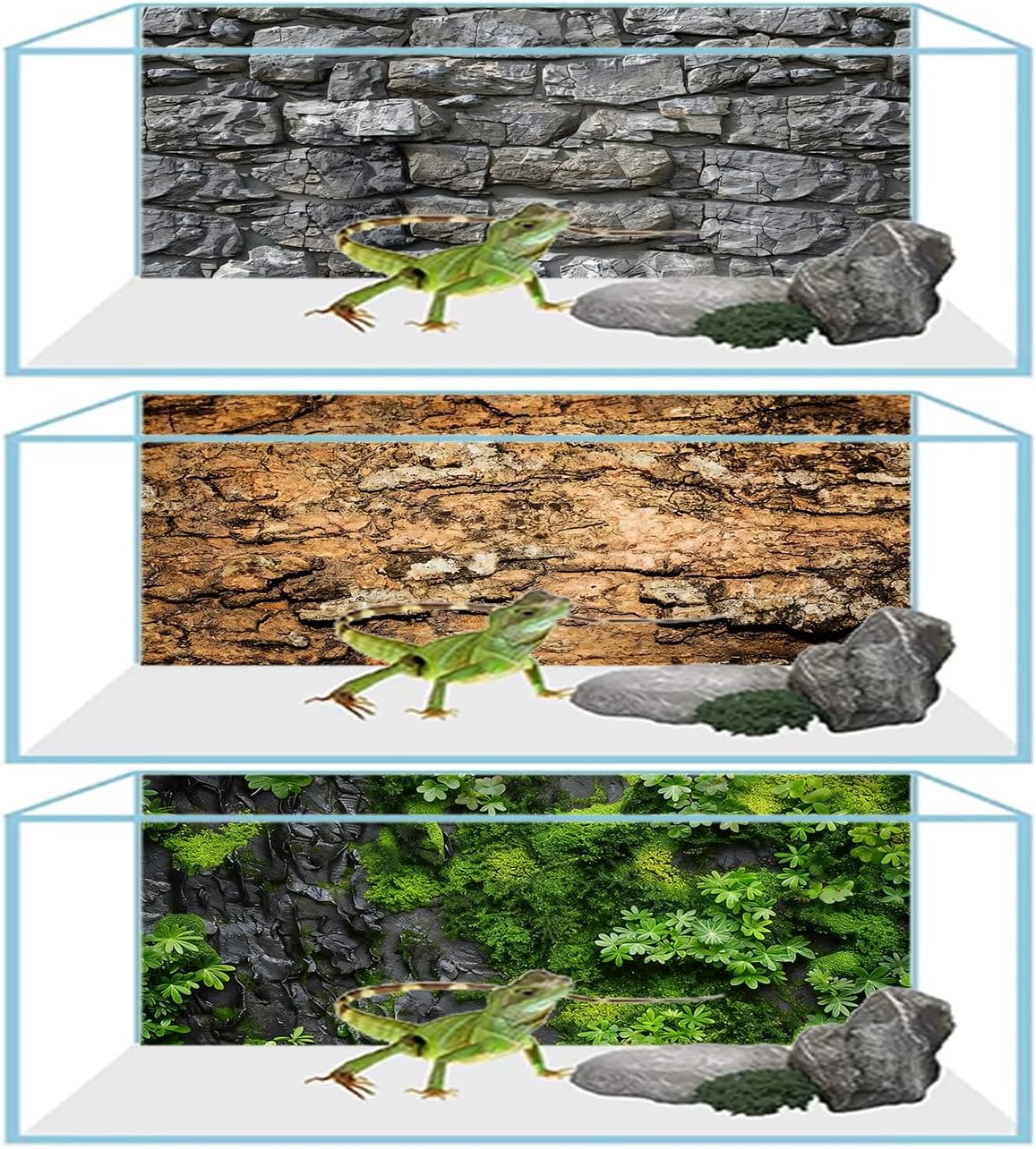 Reptile Terrarium Background 48"×24" 3PCS – Polyester Fabric Bearded Dragon Tank Decor with Gray Rock Bark & Forest Pattern, Non-Reflective & Bubble-Free for Snake Lizard Gecko Vivarium 834
