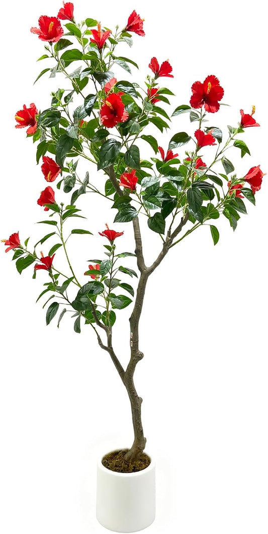 5 Feet Hibiscuses Artificial Tree, Faux Tree with Realistic Leaves, Red Flowers Potted Faux Plant Indoor Flowering Trees for for Front Porch Office Home Patio Indoor Outdoor Decor
