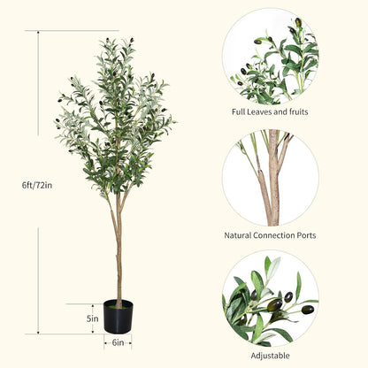6ft Faux Olive Tree, Artificial Olive Tree Indoor, High Imitation Silk Plant Fake Olive Tree with Realistic Leaves and Fruits, Suitable for Home Living Room Office Decoration