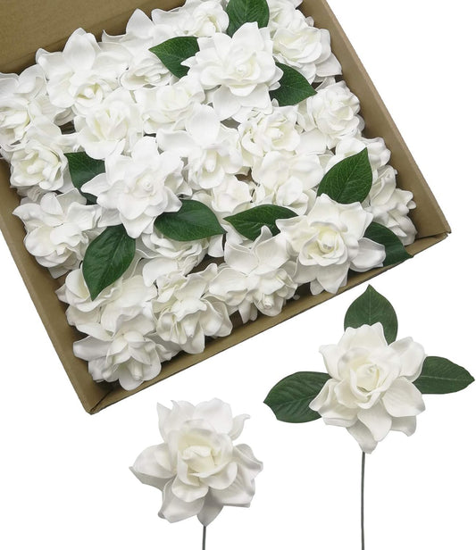 Artificial Flowers 25pcs White Gardenias with Stems for DIY Wedding Bouquets Floral Arrangement Table Centerpieces Baby Shower Party Home Decorations