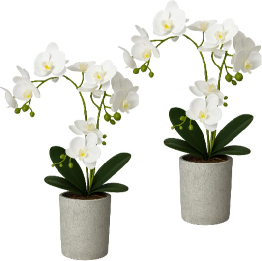 2 Pcs Fake Orchids Flowers in Pot 15.7 Inch Faux Orchids Artificial Floral Phalaenopsis with Vase Orchid Phalaenopsis Decor for Home Wedding Table Centerpiece Bathroom Office Desk Decoration