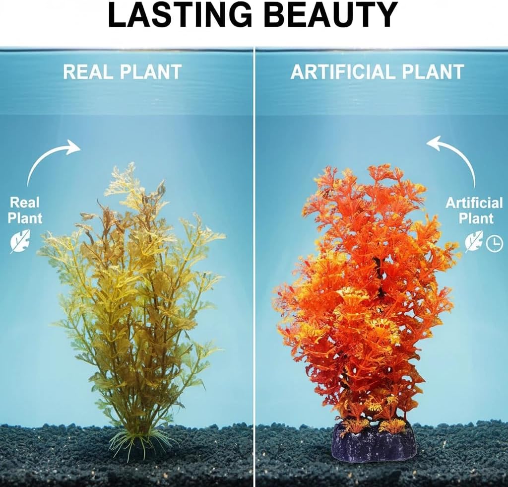 Red Aquarium Plants - Artificial Plastic Fish Tank Decor, Realistic Ornament Safe for Fish & Shrimp, Low-Maintenance Aquascaping Plants for Freshwater/Saltwater Tank Landscaping