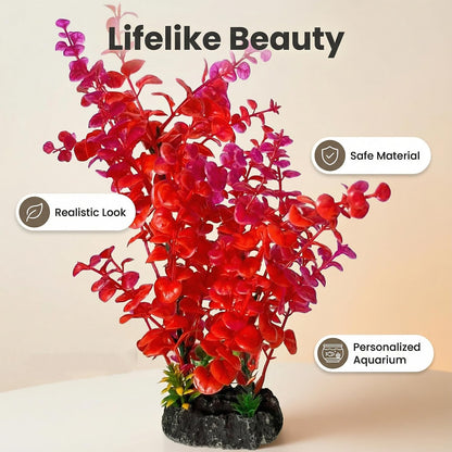 Red Aquarium Plants - Artificial Plastic Fish Tank Decor, Realistic Ornament Safe for Fish & Shrimp, Low-Maintenance Aquascaping Plants for Freshwater/Saltwater Tank Landscaping