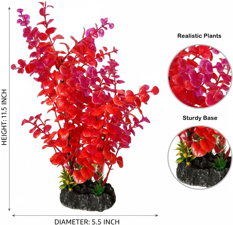 Red Aquarium Plants - Artificial Plastic Fish Tank Decor, Realistic Ornament Safe for Fish & Shrimp, Low-Maintenance Aquascaping Plants for Freshwater/Saltwater Tank Landscaping