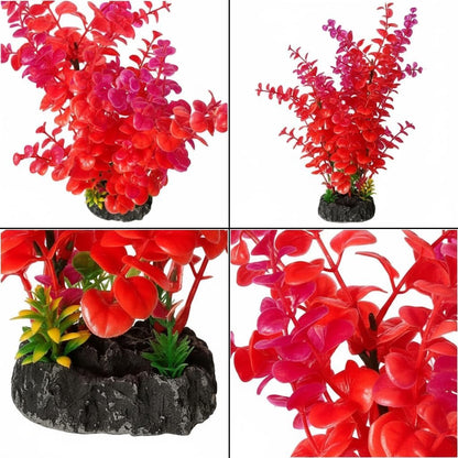 Red Aquarium Plants - Artificial Plastic Fish Tank Decor, Realistic Ornament Safe for Fish & Shrimp, Low-Maintenance Aquascaping Plants for Freshwater/Saltwater Tank Landscaping