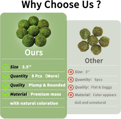 Moss Balls Decorative 3.5", 8 Pcs Natural Green Bowl & Vase Fillers | Handmade, Odorless, No Maintenance, Realistic Look, Natural Moss, Centerpieces, Home Decor, Year-Round Display