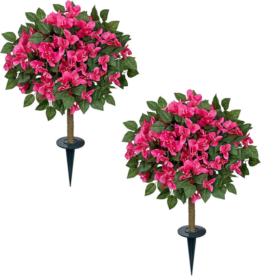 Set of 2 Artificial Bougainvillea Topiary Trees with Ground Spike, 32in Hot Pink Fake Flowers Topiary Faux Silk Floral Plants for Front Porch Garden Patio Outdoor Decor