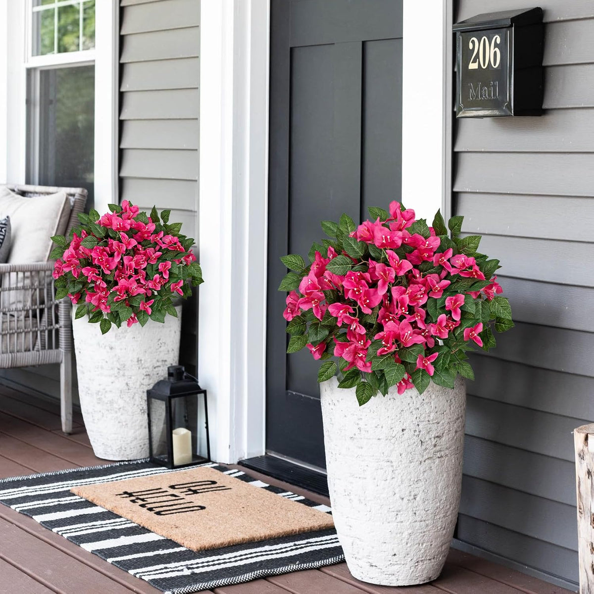 Set of 2 Artificial Bougainvillea Topiary Trees with Ground Spike, 32in Hot Pink Fake Flowers Topiary Faux Silk Floral Plants for Front Porch Garden Patio Outdoor Decor