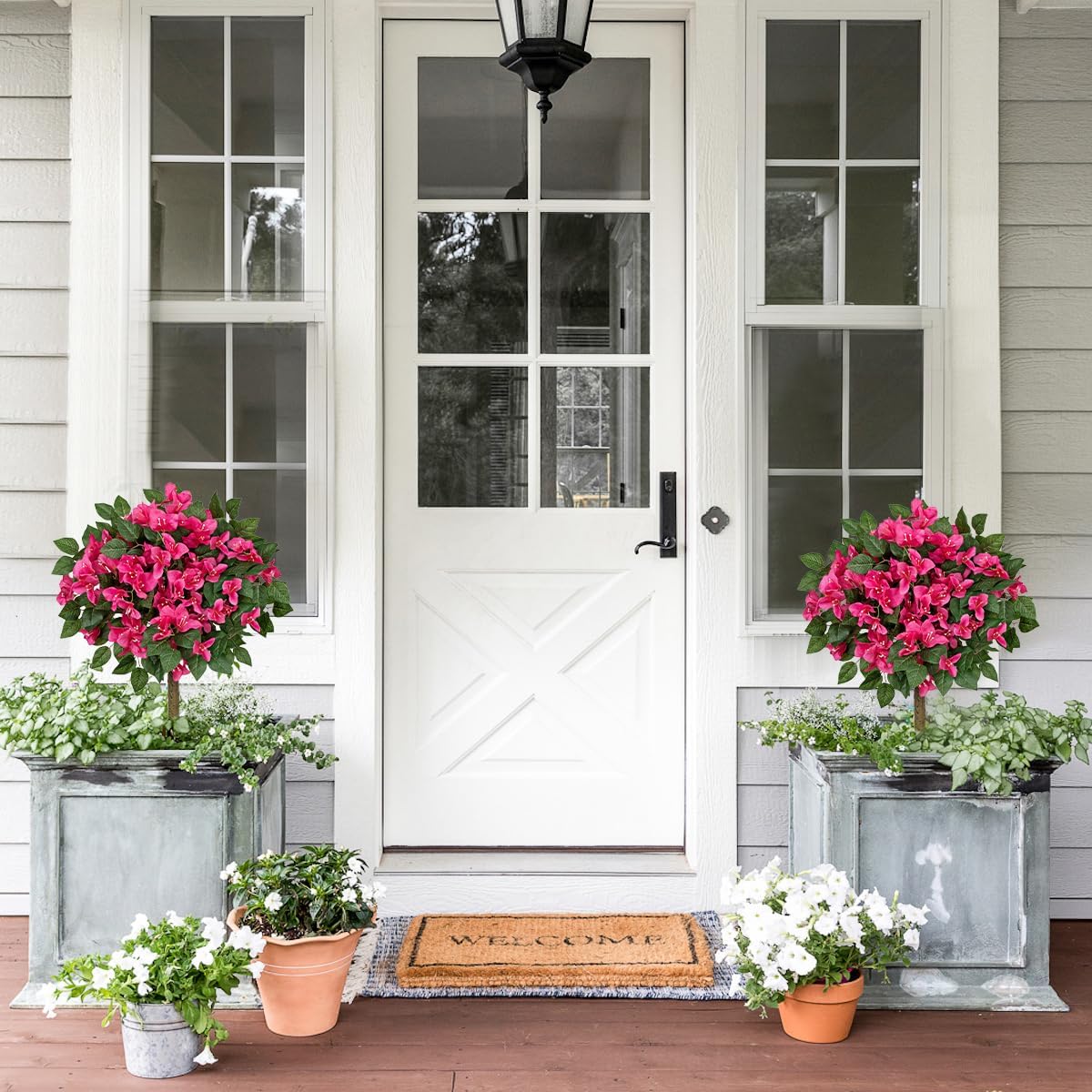 Set of 2 Artificial Bougainvillea Topiary Trees with Ground Spike, 32in Hot Pink Fake Flowers Topiary Faux Silk Floral Plants for Front Porch Garden Patio Outdoor Decor