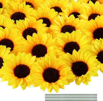 40pcs Fake Sunflower Heads with Stems, Yellow