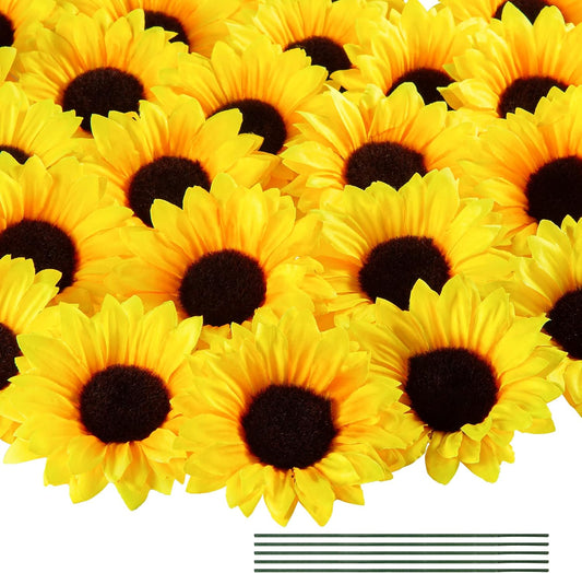 40pcs Fake Sunflower Heads with Stems, Yellow